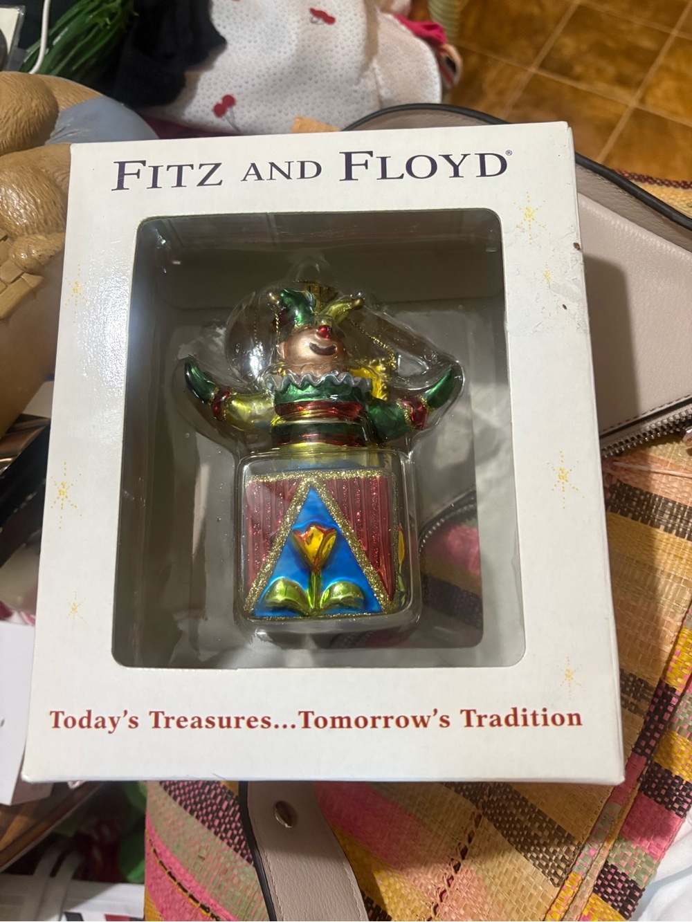 Fitz and Floyd Colorful Jack-in-the-Box Figurine in Green, Red, Blue and Gold